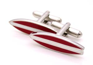 Surfboard shaped cufflinks in red enamel with a stripe down the centre