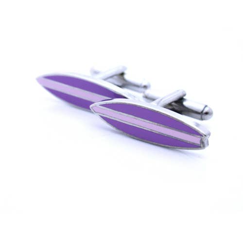 Surfboard shaped cufflinks in mauve enamel with a stripe down the centre