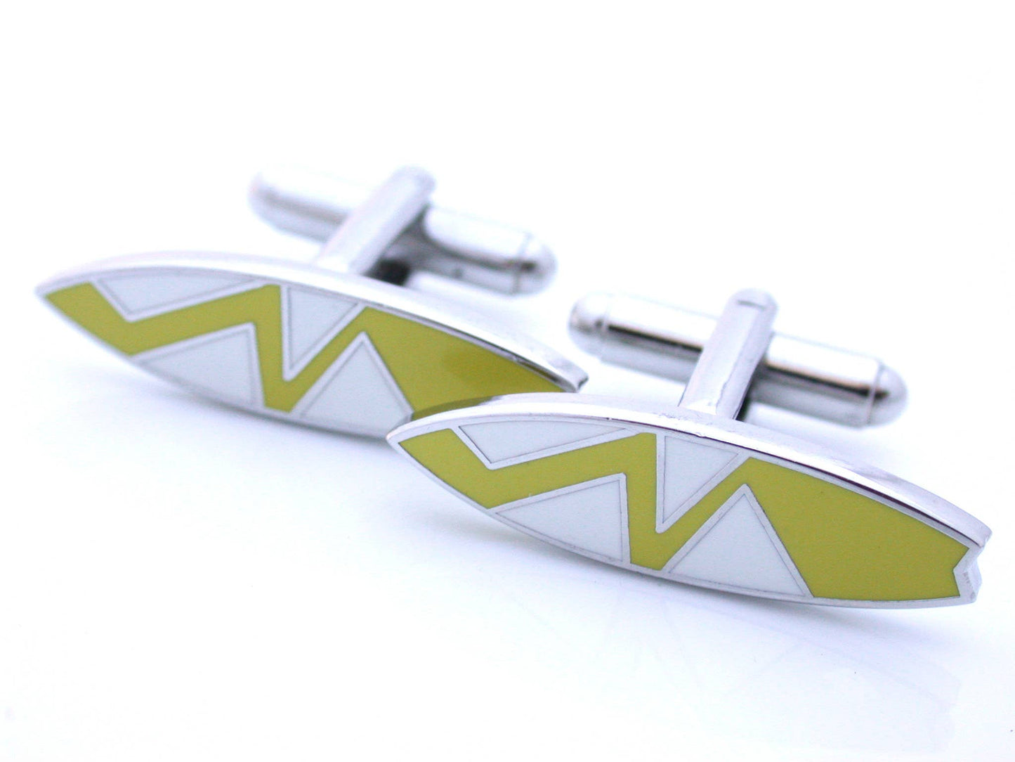 Surfboard-shaped cufflinks in yellow enamel with a zigzag pattern.