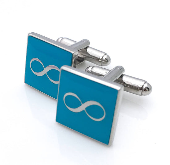 Small square cufflinks with a gold infinity symbol on a turquoise blue enamel