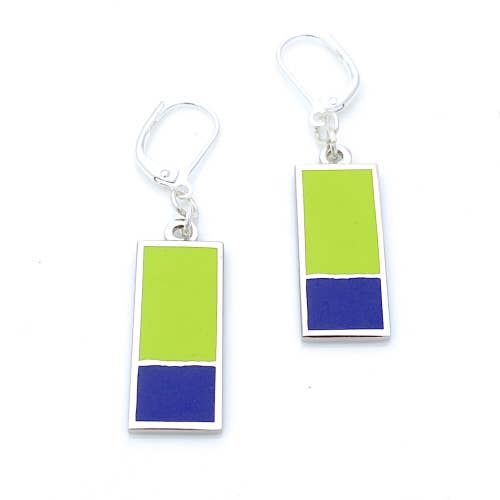 Enamel earrings with rectangle in lime enamel and smaller rectangle in a dark blue