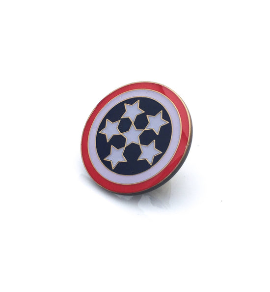 Red white and blue stars and stripes round pin