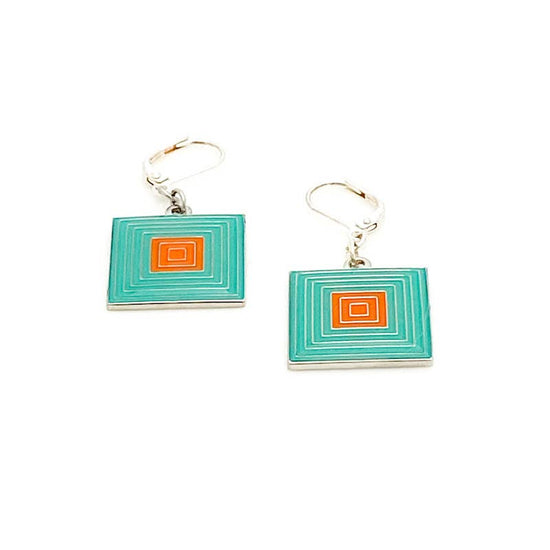 Load image into Gallery viewer, Earrings with a pattern of squares within squares green and orange enamel
