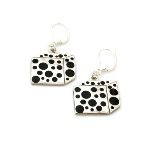 Cube shaped earrings with black enamel polka dots