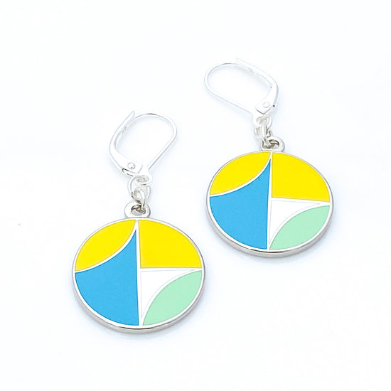 Architecture inspired enamel earings in turquoise and yellow