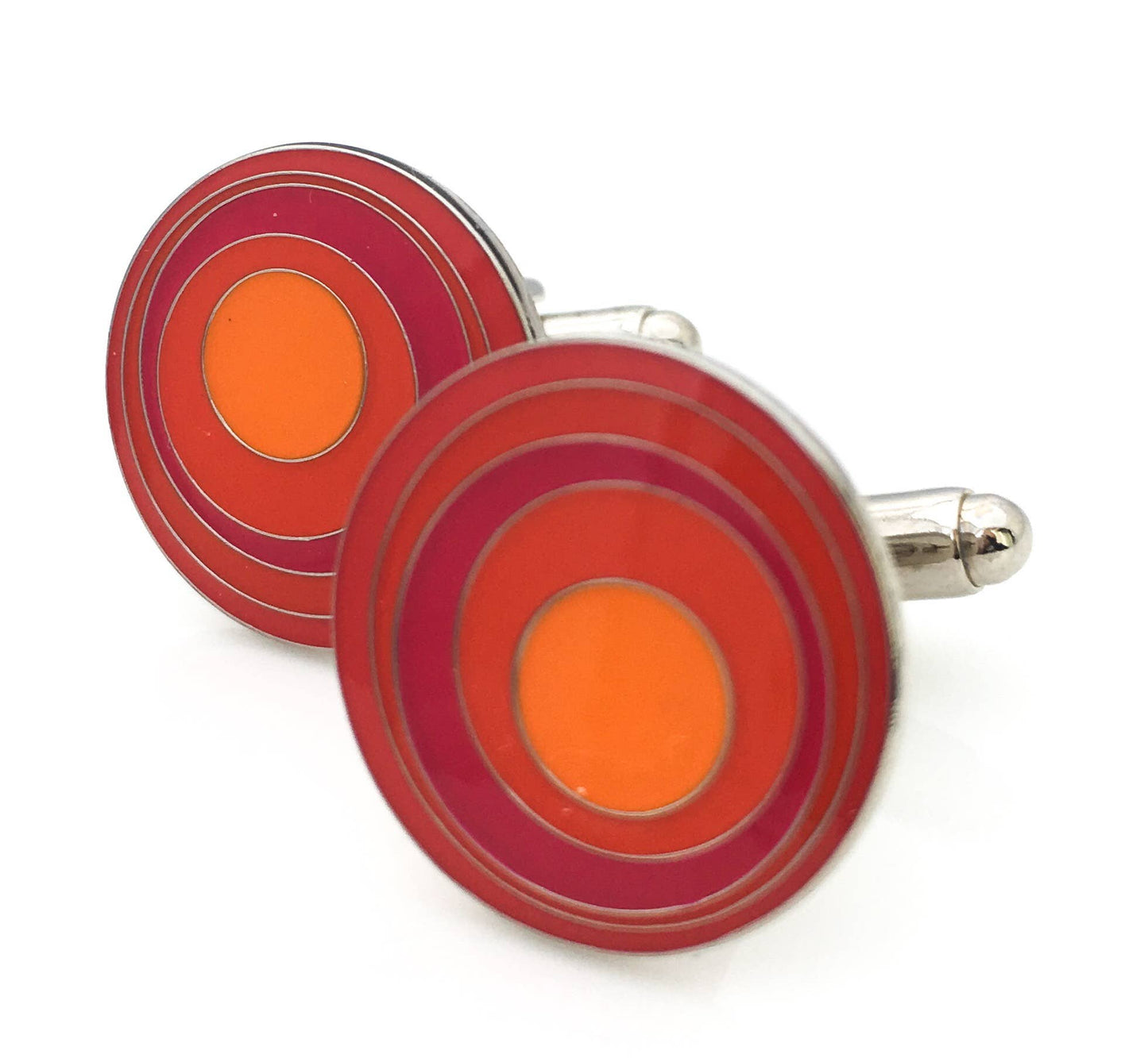 Round cufflinks with circles within circles in oranges