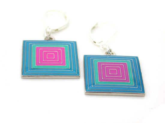 Earrings with a pattern of squares within squares blue and pink enamel