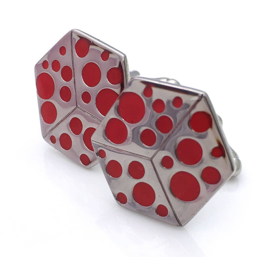 Cube cufflinks with red enamel polka dots