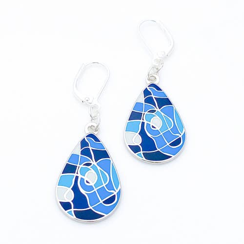 Teardrop enamel earrings inspired by Impressionist paintings in various shades of blue
