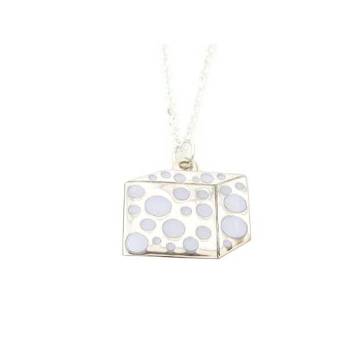 Cube shaped necklace with white enamel polka dots