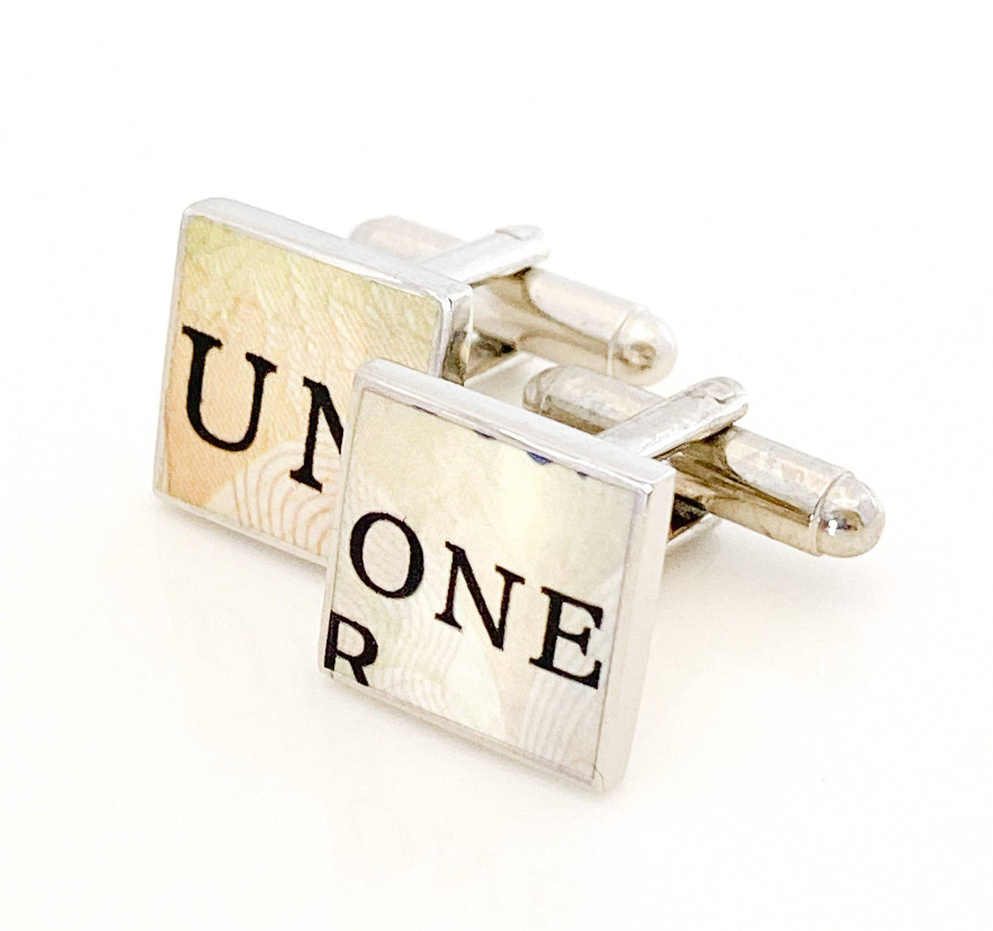 Square cufflinks with UN and ONE from Canadian dollar bill