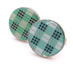 Load image into Gallery viewer, Round plaid enamel cufflinks in blue

