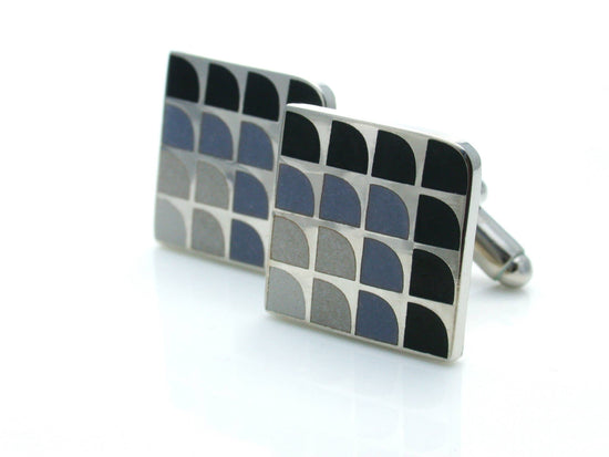 Fan shaped enamel cufflink with shades of grey/black