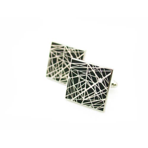 Black enamel cufflinks with pattern of interesecting lines