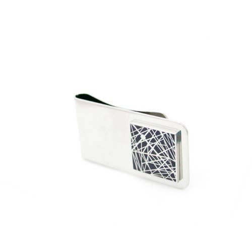 Gray enamel money clip with pattern of interesecting lines