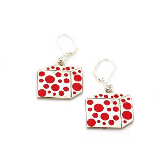 Cube shaped earrings with red enamel polka dots