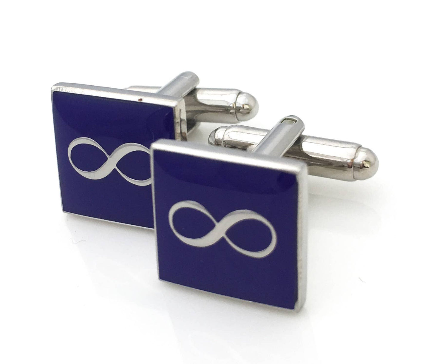 Small square cufflinks with a gold infinity symbol on a purple enamel