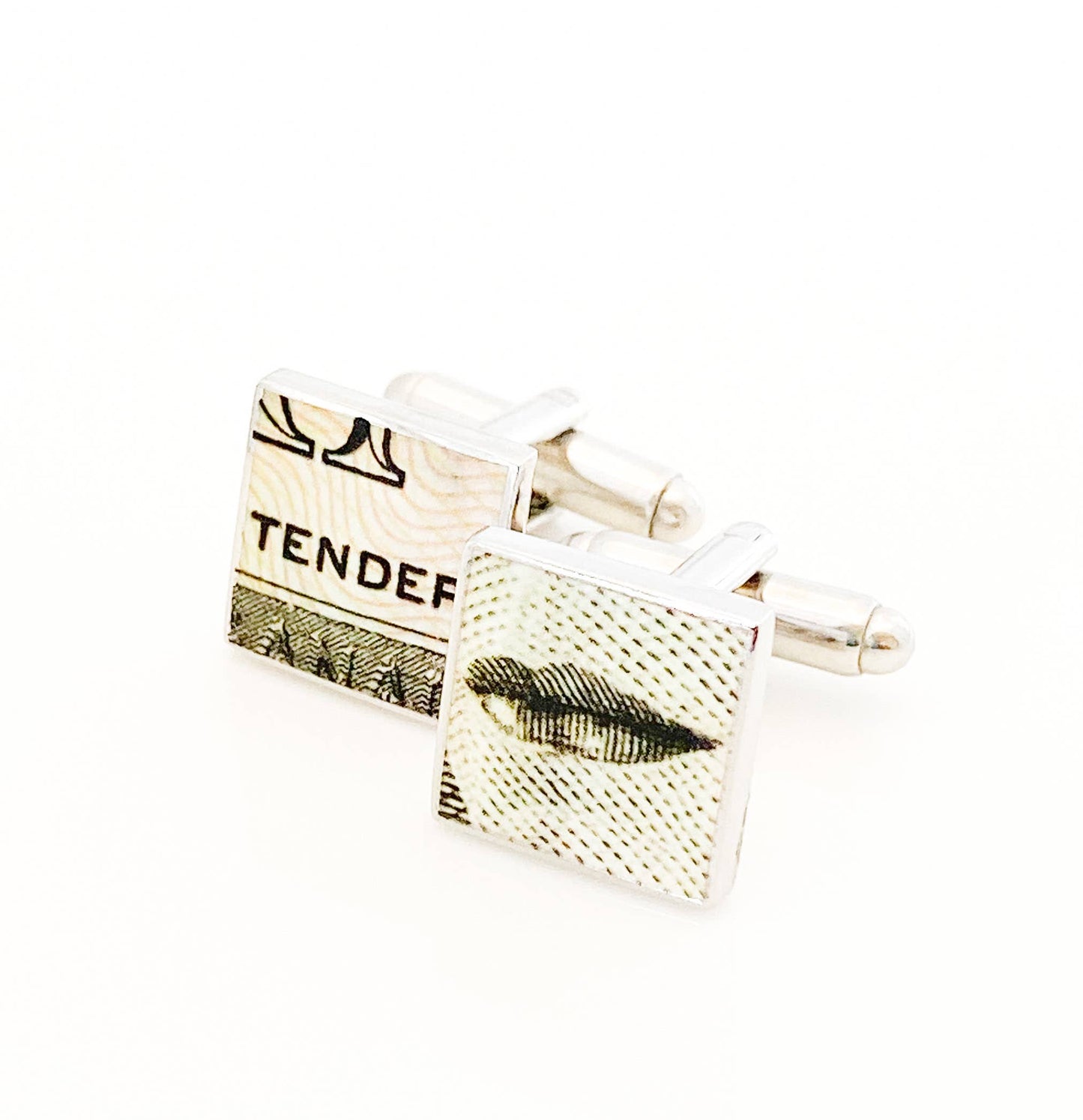 Load image into Gallery viewer, Square cufflinks with Tender and HRH&amp;#39;s lips from Canadian dollar bill
