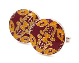Ornate round enamel cufflinks in burgundy and mustard