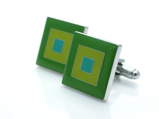 Square in a square enamel pattern cufflinks in green