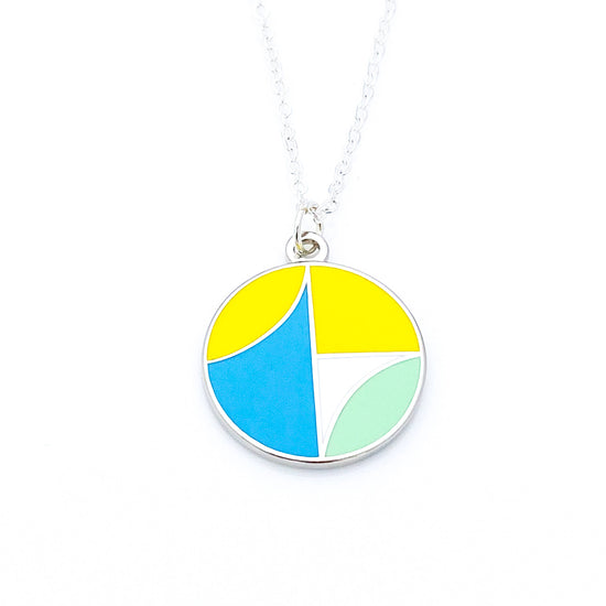 Architecture inspired enamel necklace in turquoise and yellow