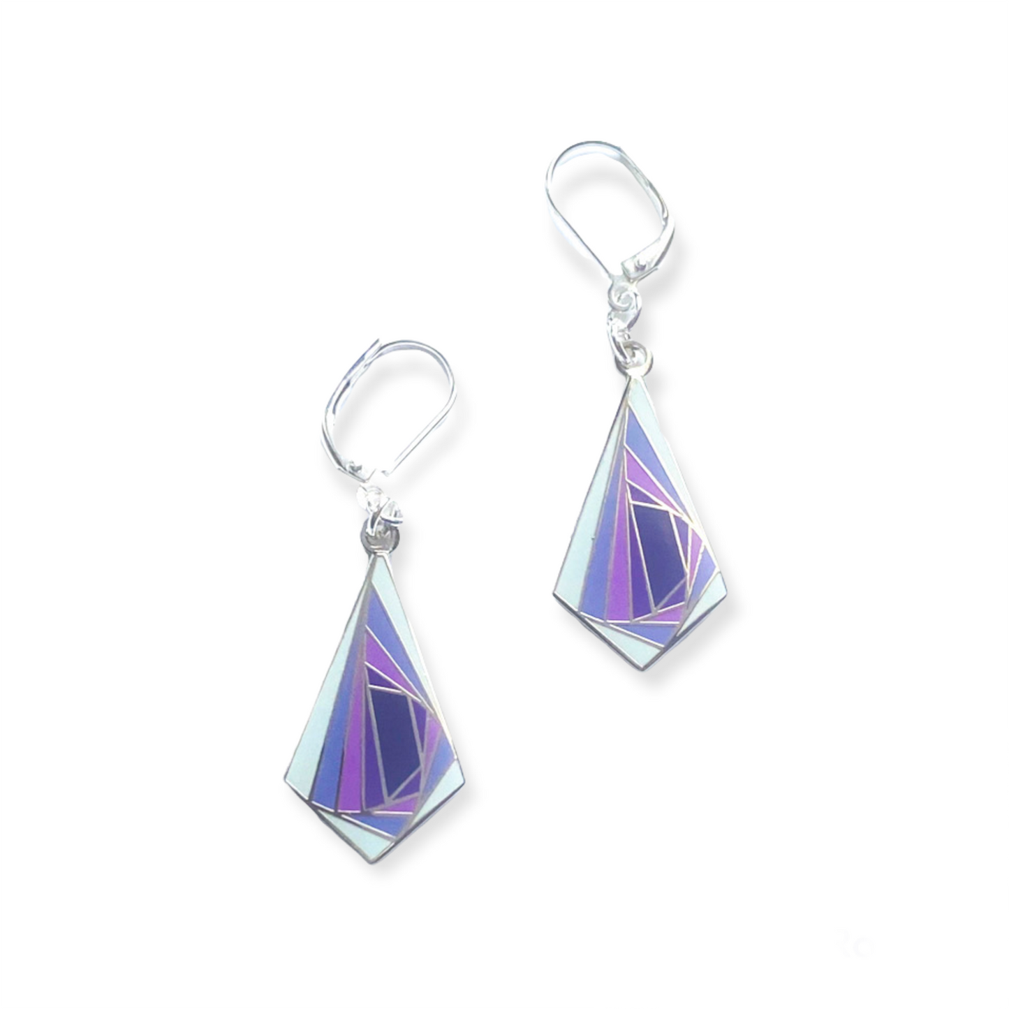Diamond shaped purple enamel earrings with repeating shapes in the center