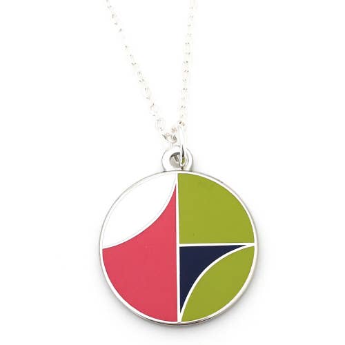 Architecture inspired enamel necklace in pink and green