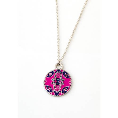Ornate round enamel necklace in bright pink